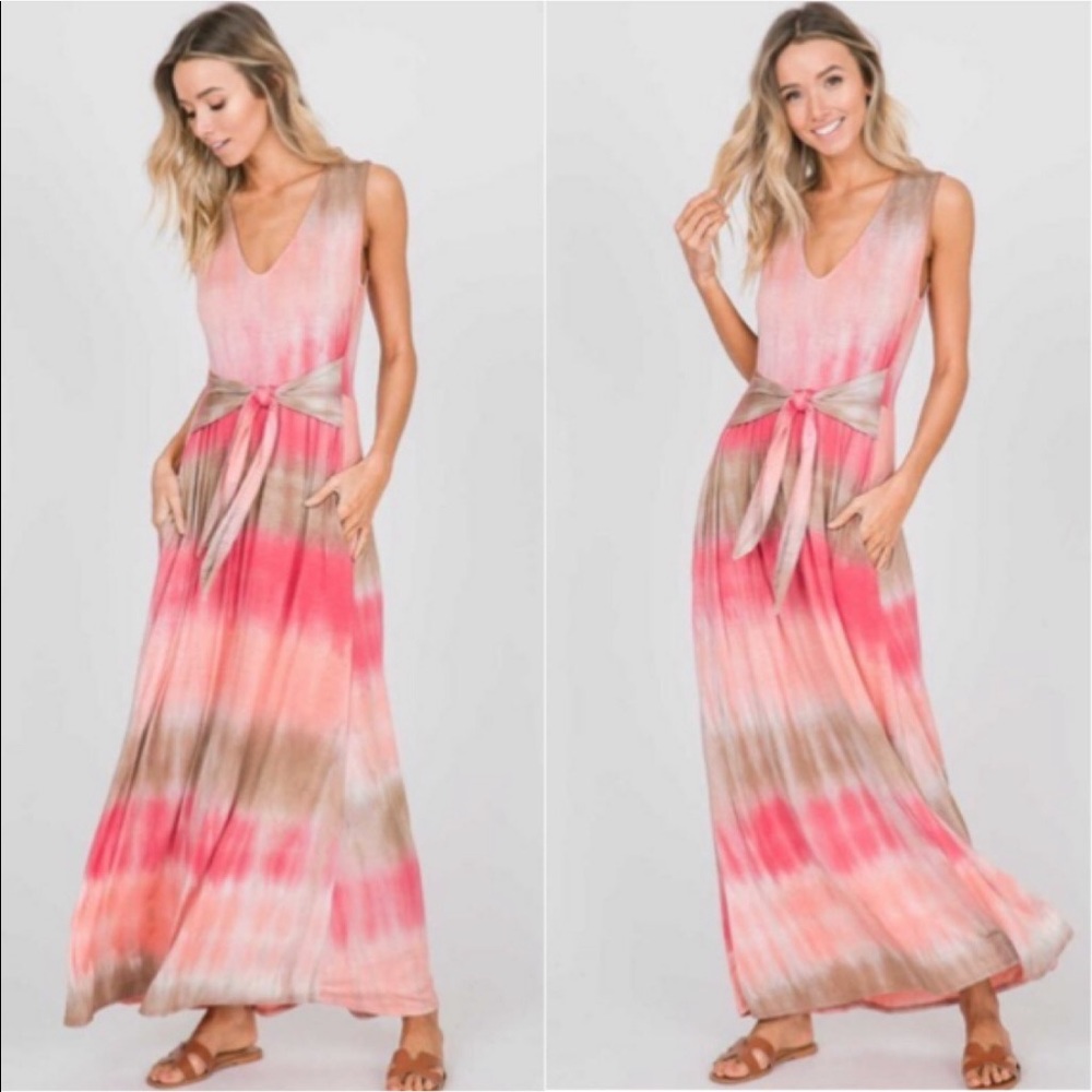 💃Boho Tie Dye Maxi Dress Pink - Picture 3 of 6